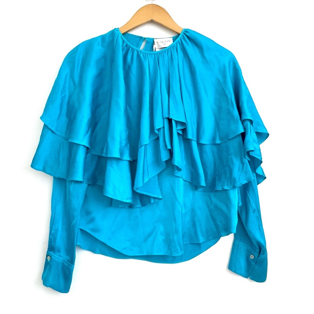 Forte forte ocean blue ruffle silk top long sleeves